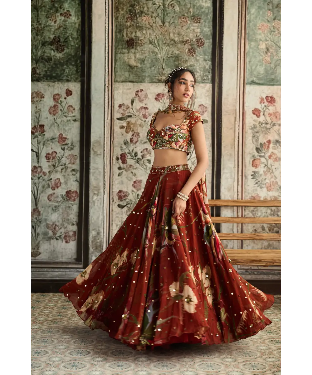 DIYARAJVVIR - Rust Floral Print and Highlighted Lehenga Set